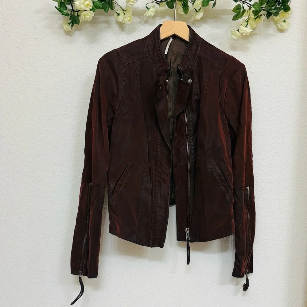 Free People • Mahogany Moto Jacket with Rib Trim and Zipper Detailing